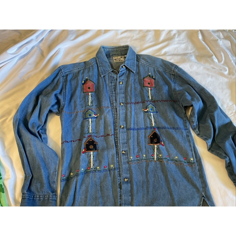 Small Vintage Denim Birdfeeder Longsleeve Button-Up Top